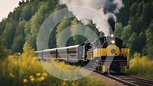steam train in the forest A retro western train that smokes along a grassy prairie. The train is black and yellow,