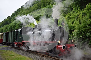 Steam train with a lot of steam low and from the chimeny