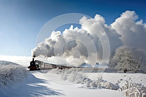 steam train making its way through snowy landscape, with the smoke rising from the chimney