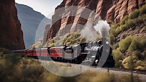 steam train in the mountains A classic western train that steams along a rocky canyon. The train is black and red,