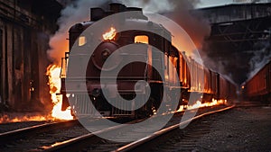 steam train at night A burning classic train on fire, explosion flames, that reminds of the past. The train is brown