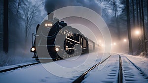 steam train in the night A steam train engine on a foggy night in the winter. The train is a powerful and sturdy model,