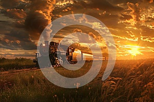 Steam train passes through the fields at sunset Ai photo photo