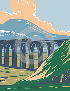 Steam Train on Railway Over Batty Moss or Ribblehead Viaduct in Yorkshire Dales National Park England UK Art Deco WPA Poster Art