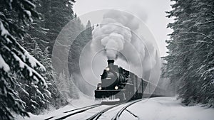 steam train in the snow A steam train that emits white steam as it rides through a frosty forest. The train is black