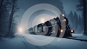 steam train in the snow A steam train engine on a foggy night in the winter. The train is a powerful and sturdy model,