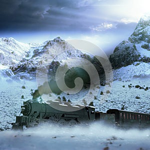 Steam train in snowy landscape