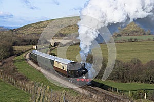 Steam Train on the Swanage Railway near Corfe Castle, Dorset.England