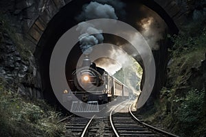 Steam train tunnel smoke. Generate Ai