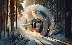 Steam train on the way through winter landscape