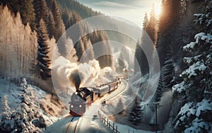 Steam train on the way through winter landscape