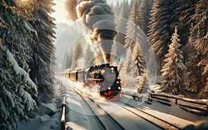 Steam train on the way through winter landscape