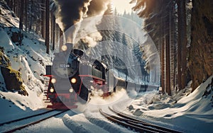 Steam train on the way through winter landscape