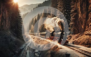 Steam train on the way through winter landscape