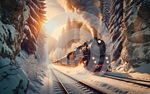 Steam train on the way through winter landscape