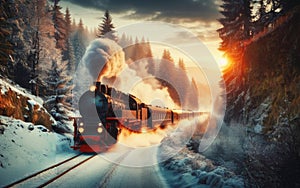 Steam train on the way through winter landscape