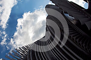 Steam turbine of nuclear power plant against the sky