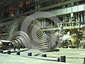 Steam turbine during repair, night scene