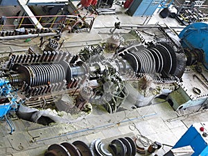 Steam turbine in repair process, machinery, pipes, tubes, at pow