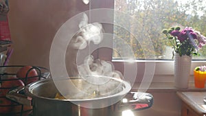 Steam or Vapour clouds rising from boiling water in saucepan on stove. Steam from pan while cooking potato. Cooking