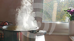 Steam or Vapour clouds rising from boiling water in saucepan on stove. Steam from pan while cooking potato. Cooking