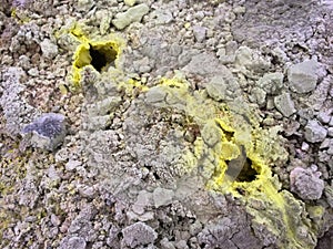 Steam vents and sulfur deposits on Papandayan Volcano in Java Indonesia