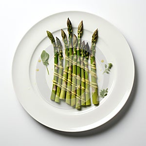 Steamed Asparagus on a white plate top view