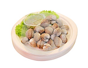 Steamed blanched clams with dipping sauce isolated on white background with clipping path