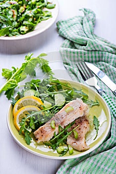 Steamed catfish filet with arugula salad