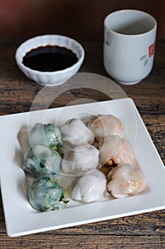 Steamed chives dumplings with garlic chives, taro and bamboo shoot