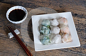 Steamed chives dumplings with garlic chives, taro and bamboo shoot