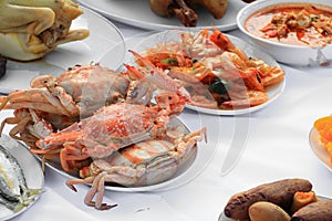 Steamed crab close up on plate and food many in home party