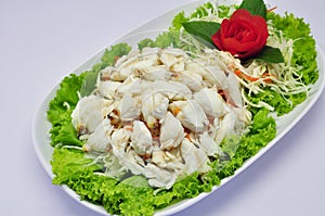 Steamed crab meat on white plate and white background