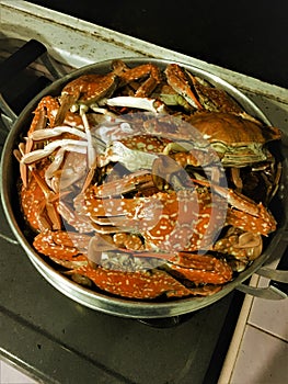 Steamed crabs in steaming pot.Steamed crabs in steaming pot.