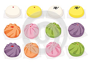 Steamed stuff bun,dim sum yellow orange pink green purple colourful and chinese cuisine on white background vector illustration photo