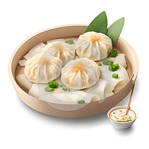 Steamed dumplings and sauce on white background. Isolated close up hand drawing illustration. Xiao long bao, steamed dumplings .