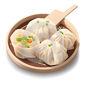 Steamed dumplings and sauce on white background. Isolated close up illustration. Xiao long bao, steamed dumplings.