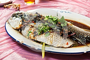 Steamed fish in black bean and soy sauce at Hong Kong restaurant