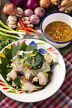 Steamed fish with boiled dip, Thai Esan local food, Thailand