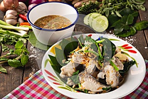 Steamed fish with boiled dip, Thai Esan local food, Thailand