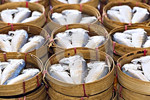 Steamed fish, Plaa Tuu (mackerel) in bamboo steamers at the seaf