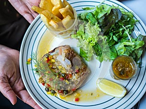 Steamed fish and prawn with lemon sauce