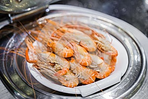 Steamed fresh river prawns served in luxury restaurant