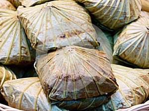 Steamed Fried Rice in Lotus Leaf close up