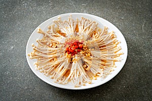 Steamed golden needle mushroom or enokitake with soy sauce, chilli and garlic