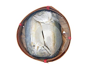 Steamed Mackerel fish in bamboo basket.Top view
