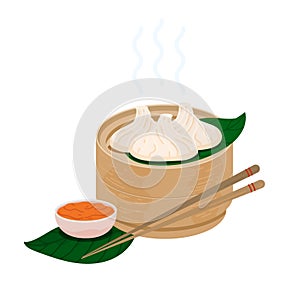 Steamed momo dumplings with red chile sauce in a wooden basket. Vector tibetan momos