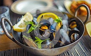 Steamed mussels in a pot. Delicious seafood plate