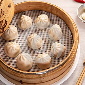 Steamed pork soup dumplings named Xiao long bao in Taiwan