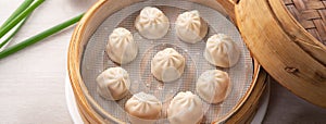 Steamed pork soup dumplings named Xiao long bao in Taiwan